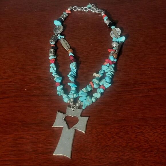 Southwestern Navajo Turquoise Double Strand Necklace Pewter Ankh Pendant Heart - Picture 12 of 12
